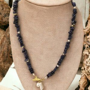 Navy Gravel Beads with drop pearl pendant